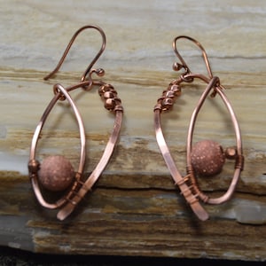 Earrings/copper forged wire with copper beads and copper stardust bead/wire wrapped