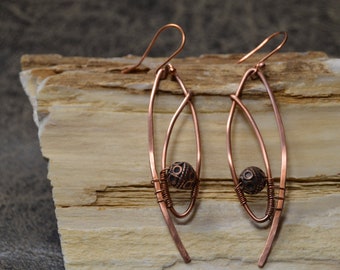 Earrings/copper drop oval dangles/wire wrapped with copper focal bead