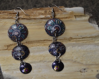 Earrings with dangles from repurposed tea tins, concaved circles