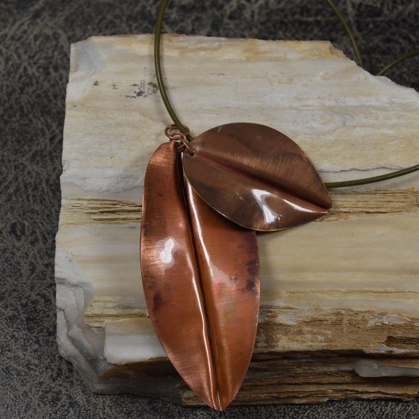 Copper necklace, fold form leaves,hand forged,heat patina,hand crafted