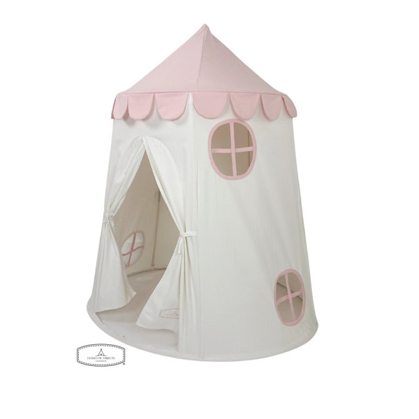 Tente tour - Toile de coton douce rose et blanche avec sacs de rangement