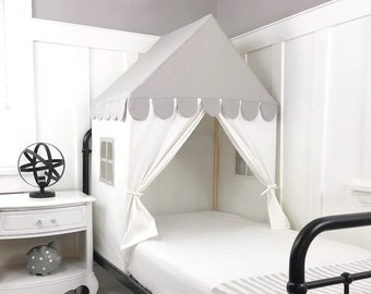 The 'Sweet Dreams' Play House | Bed Canopy | Twin Size | Gray and White Cotton Canvas | Twin Bed Tent |