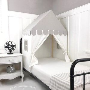 The 'Sweet Dreams' Play House Bed Canopy Twin Size Gray and White Cotton Canvas Twin Bed Tent image 1