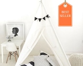 Handmade Teepee Play tent for Kids in Natural Unbleached Cotton Canvas. Comes with Padded Mat Base and Two Pillows