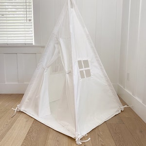 Children's Play Tent Teepee Handmade for Kids in White Canvas Two Windows Padded Mat Carry Bag 3 x 3 ft Size image 3