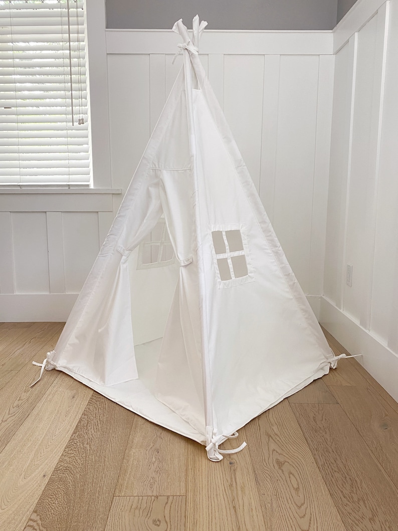 Children's Play Tent Teepee Handmade for Kids in White Canvas Two Windows Padded Mat Carry Bag 3 x 3 ft Size image 3