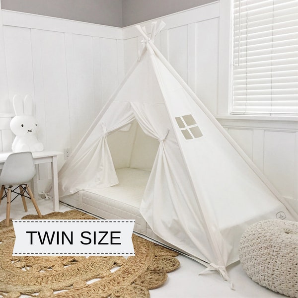 Play Tent Canopy Bed in White Canvas WITH Doors - Twin | Montessori Floor Bed |