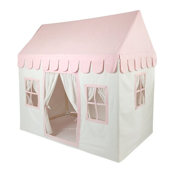 Das Traumhaus | Kinderspielhaus | Baumwolle Indoor | Weiß & Rosa | Weicher Baumwollcanvas | Tragetasche aus Canvas | Prinzessin Haus | Jakobsmuschel-Dach |