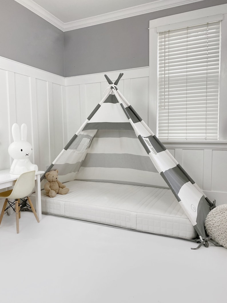 Play Tent Canopy Bed in Gray/grey and White Wide Stripe Twin Etsy