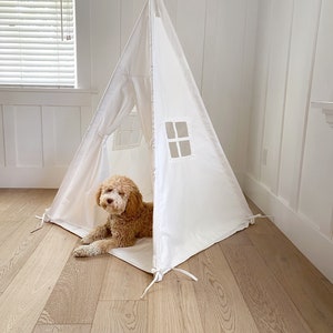 Children's Play Tent Teepee Handmade for Kids in White Canvas Two Windows Padded Mat Carry Bag 3 x 3 ft Size image 4