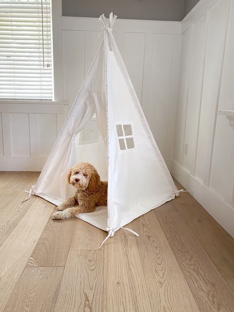 Children's Play Tent Teepee Handmade for Kids in White Canvas Two Windows Padded Mat Carry Bag 3 x 3 ft Size image 4