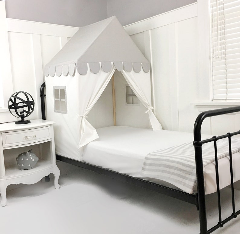 The 'Sweet Dreams' Play House Bed Canopy Twin Size Gray and White Cotton Canvas Twin Bed Tent image 3
