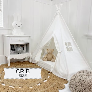 Play Tent Canopy Bed in White Canvas WITH Doors - Crib | Montessori Floor Bed |