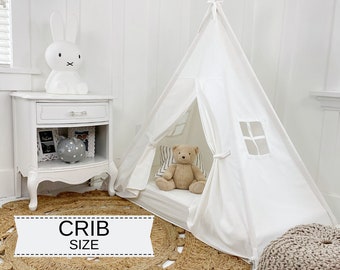 Play Tent Canopy Bed in White Canvas WITH Doors - Crib | Montessori Floor Bed |