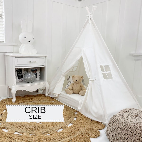 Play Tent Canopy Bed in White Canvas WITH Doors - Crib | Montessori Floor Bed |