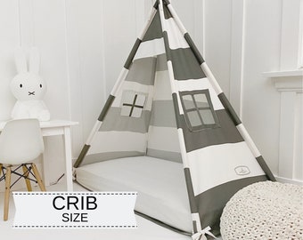 Play Tent Canopy Bed in Gray and White Rugby Stripe Canvas - Crib | Montessori Floor Bed |