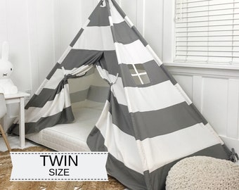 Play Tent Canopy Bed in Gray/Grey and White Wide Stripe WITH Doors - Twin | Montessori Floor Bed |