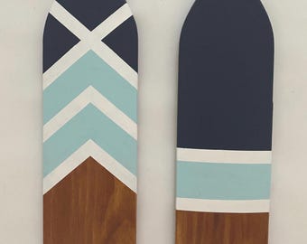 Handmade Painted Paddle Set: Coastal Blue Wood Oars, Wall Art Decor