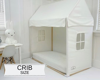 House Bed Canopy | White Canvas | Fits Crib Mattress | Montessori Floor Bed | Toddler Bed | Carry Bag