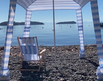 Strand-Cabana | Küstenblauer und weißer Streifen | Sehr einfacher Auf- und Abbau | Küstenstil | Strandschirm