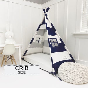 Play Tent Canopy Bed in Navy Blue and White Rugby Stripe Canvas - Crib | Montessori Floor Bed |