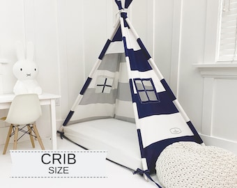 Play Tent Canopy Bed in Navy Blue and White Rugby Stripe Canvas - Crib | Montessori Floor Bed |