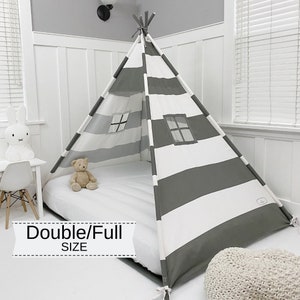 Play Tent Canopy Bed in Gray and White Stripe Canvas - Double/Full | Montessori Floor Bed |