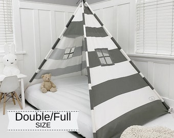 Play Tent Canopy Bed in Gray and White Stripe Canvas - Double/Full | Montessori Floor Bed |