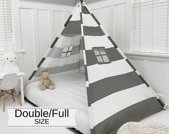 Gray and White Stripe Play Tent Canopy Bed: Double/Full Montessori Floor Bed