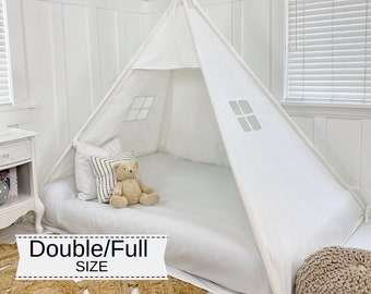 Play Tent Canopy Bed in White Canvas - Double/Full | Montessori Floor Bed | Bed Tent |