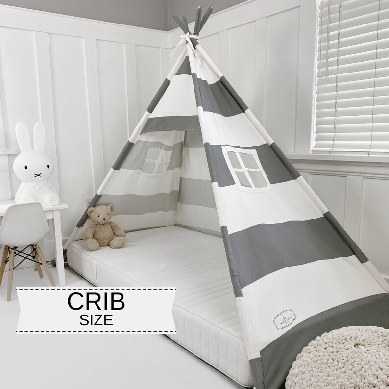 Play Tent Canopy Bed in Gray and White Canvas Crib Etsy