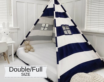 Play Tent Canopy Bed in Navy Blue and White Stripe Canvas - Double/Full | Montessori Floor Bed |