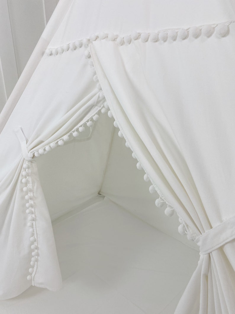 Play Tent Canopy Bed in White Canvas WITH Doors Double/Full With Pom Pom Trim Montessori Floor Bed Tent Bed image 4