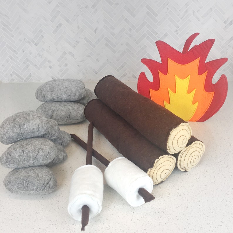 The 'Happy Camper' Felt/Plush Campfire Set for Kids. 17 piece Set with Storage Bag Camper Theme Indoor Camping image 6