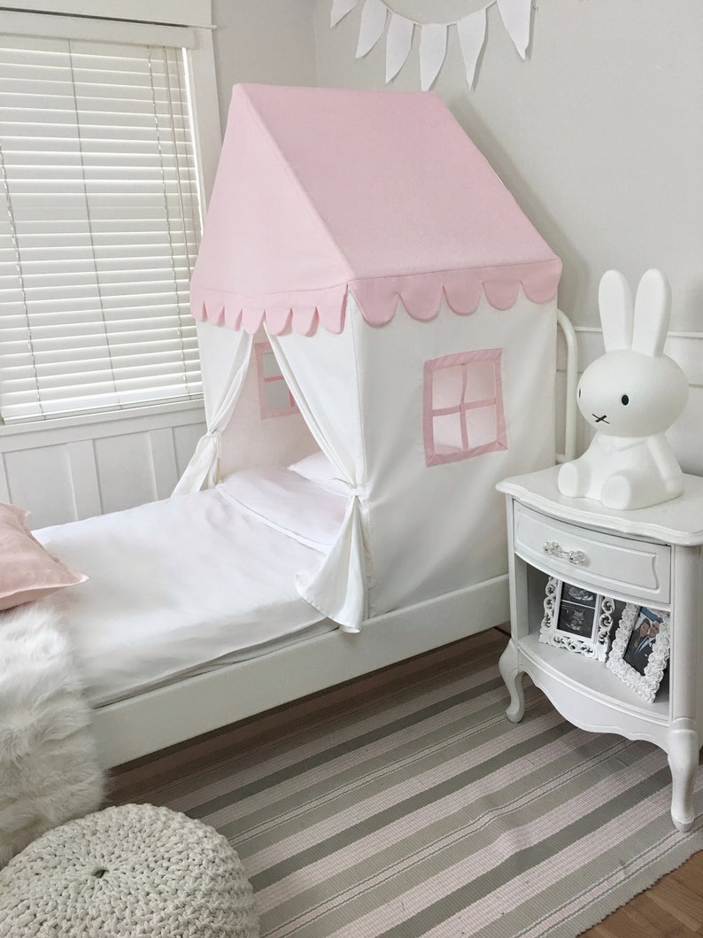 The 'Sweet Dreams' Play House Bed Canopy Twin Size Pink and White Cotton Canvas Twin Bed Tent image 3