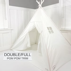 Play Tent Canopy Bed in White Canvas WITH Doors Double/Full With Pom Pom Trim Montessori Floor Bed Tent Bed image 1