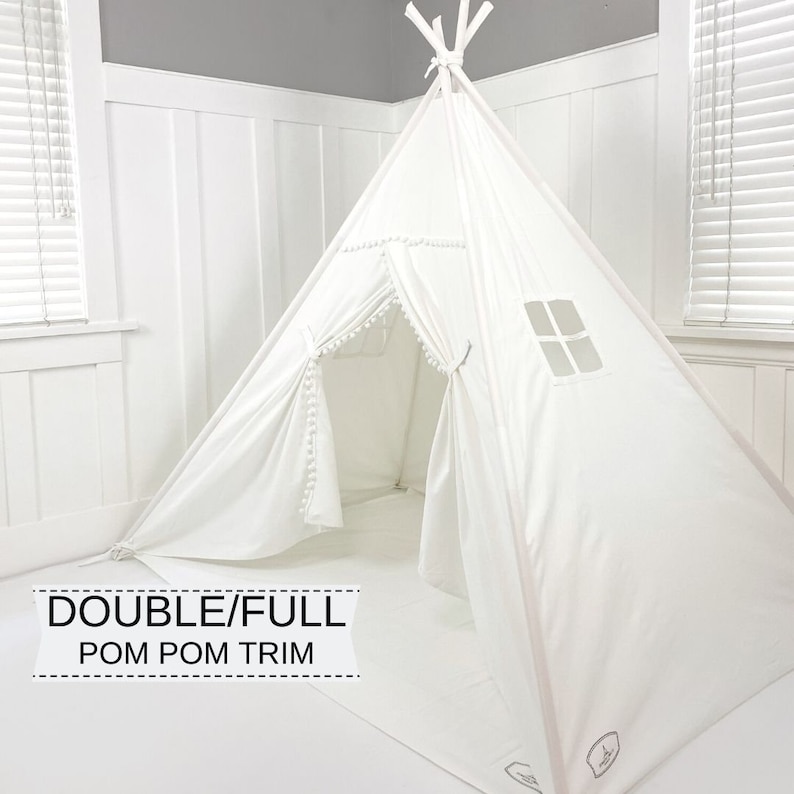 Play Tent Canopy Bed in White Canvas WITH Doors Double/Full With Pom Pom Trim Montessori Floor Bed Tent Bed image 1