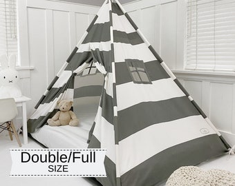 Gray & White Stripe Play Tent Canopy Bed: Montessori Double/Full Floor Bed