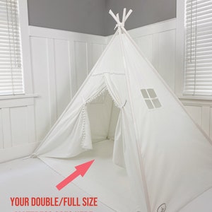 Play Tent Canopy Bed in White Canvas WITH Doors Double/Full With Pom Pom Trim Montessori Floor Bed Tent Bed image 2
