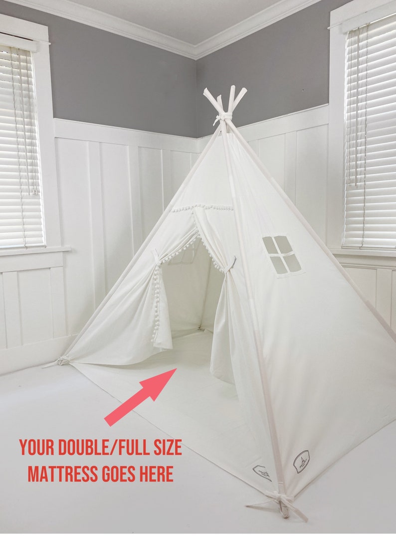 Play Tent Canopy Bed in White Canvas WITH Doors Double/Full With Pom Pom Trim Montessori Floor Bed Tent Bed image 2