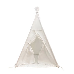 Children&#39;s Play Tent Teepee with Pom Pom Trim | Handmade for Kids in White Canvas | Two Windows |  Padded Mat | Carry Bag | 3 x 3 ft Size |