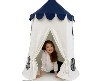 Tower Tent - Navy and White Soft Cotton Canvas with Storage Bags