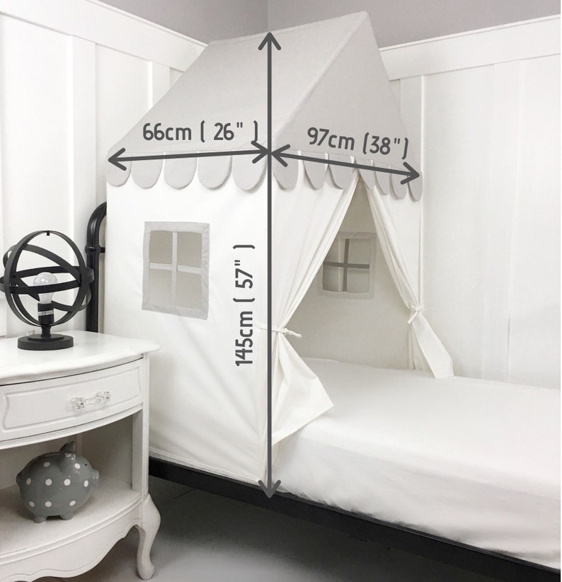 The 'Sweet Dreams' Play House Bed Canopy Twin Size Gray and White Cotton Canvas Twin Bed Tent image 2