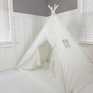 Play Tent Canopy Bed in White Canvas WITH Doors Double/Full With Pom Pom Trim Montessori Floor Bed Tent Bed image 3