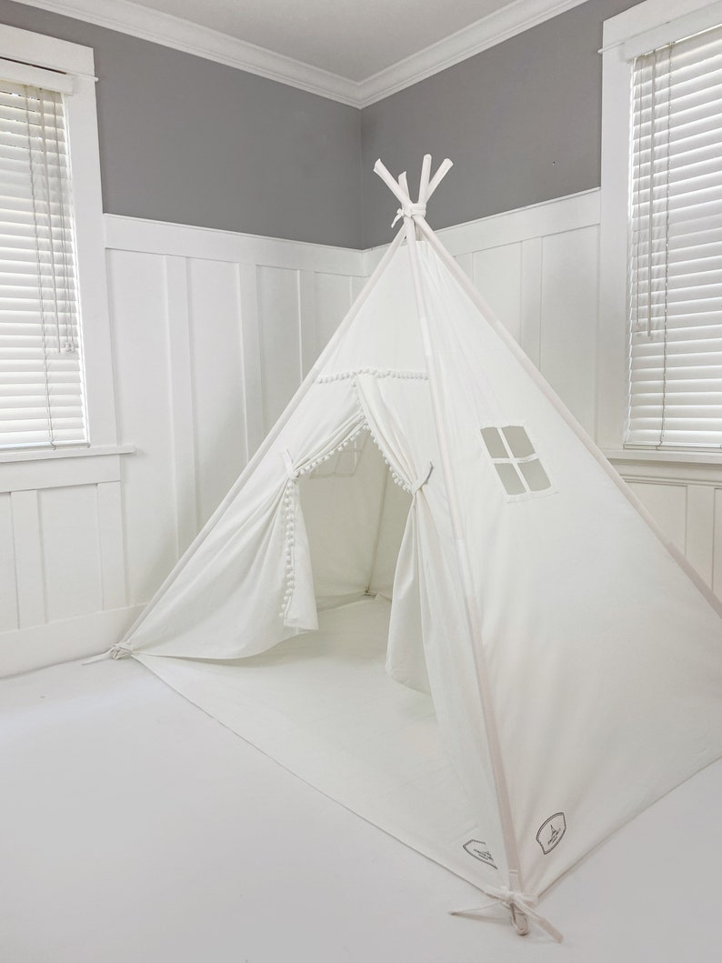 Play Tent Canopy Bed in White Canvas WITH Doors Double/Full With Pom Pom Trim Montessori Floor Bed Tent Bed image 3