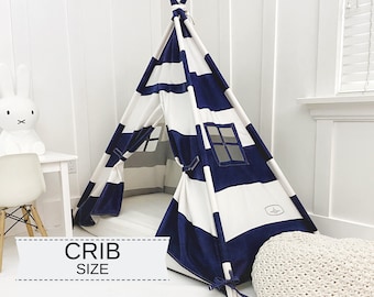 Navy Stripe Play Tent Canopy: Montessori Crib Tent with Doors
