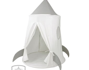 Spaceship Play Tent - Gray and White Soft Cotton Canvas with Storage Bags