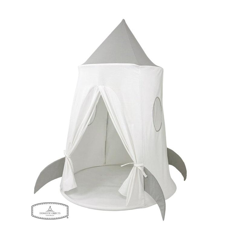 Spaceship Play Tent Gray and White Soft Cotton Canvas with Storage Bags image 1