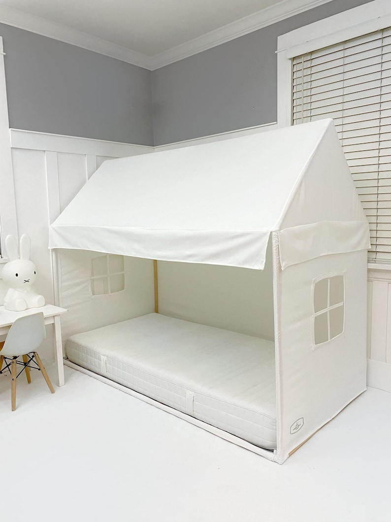 House Bed Canopy White Canvas Fits Twin Mattress Montessori Floor Bed Toddler Bed Carry Bag image 8