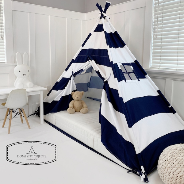 Play Tent Canopy Bed in Navy Blue and White Stripe WITH Doors - Twin | Montessori Floor Bed |